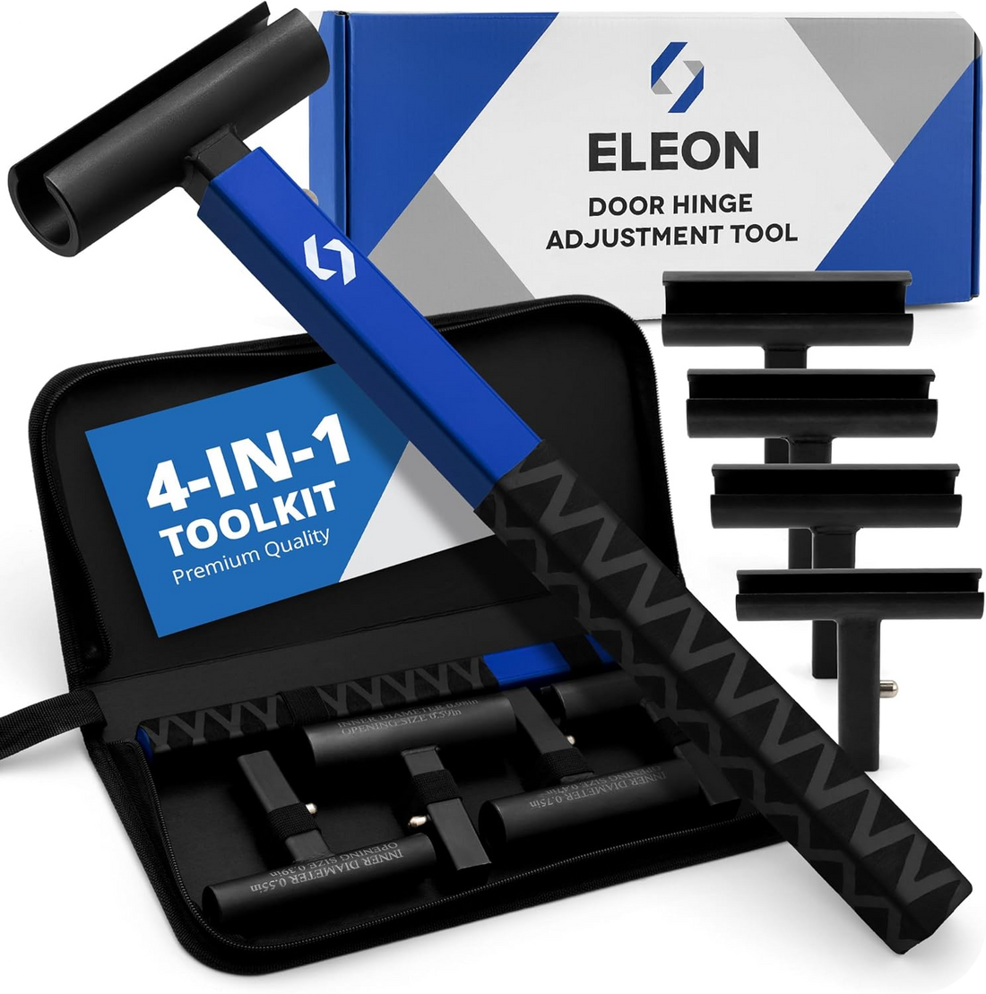 Eleon 4-in-1 Door Hinge Adjustment Tool: Professional Hinge Tweaker Kit for realigning sagging doors - Universal set with 4 interchangeable heads and premium carrying case.