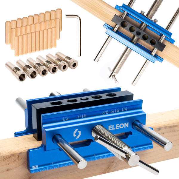 Eleon 31-Piece Self-Centering Doweling Jig Kit: Professional blue aluminum alloy drill guide bundle including 6 steel bushings, 20 wooden dowels, and hex wrench for precise woodworking joinery.