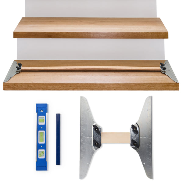 Eleon Stair Tread Template Tool: Precision metal stair gauge with adjustable shelf layout and measuring jig - Includes spirit level and carpenter pencil - Best for installing treads, risers, and shelving.