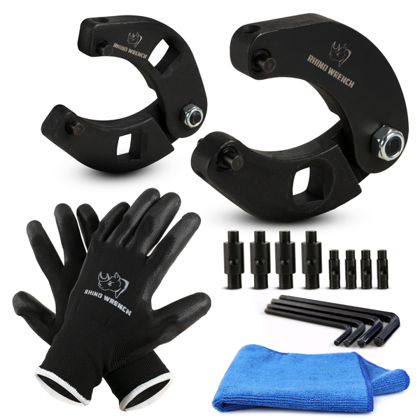 Rhino 17-Piece Adjustable Gland Nut Wrench Kit: Includes 1266 and 7463 hydraulic cylinder wrenches, 8 interchangeable pins, 4 hex keys, non-slip work gloves, and microfiber towel - Rhino Direct.