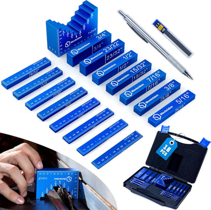 Blockcision 16-Piece Woodworking Setup Block Set by Eleon Direct - 1/16" to 1" Blue Aluminum Gauges with +/- 0.001" Precision, Mechanical Pencil, and Case.