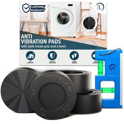 Anti-Vibration pads with packaging and a level on a white background 