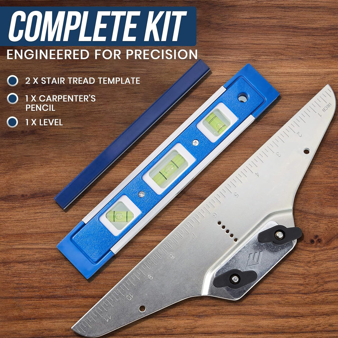 Staircision Complete Kit by Eleon Direct: Includes 2x Stair Tread Templates, 1x Carpenter's Pencil, and 1x Level for precise woodworking.