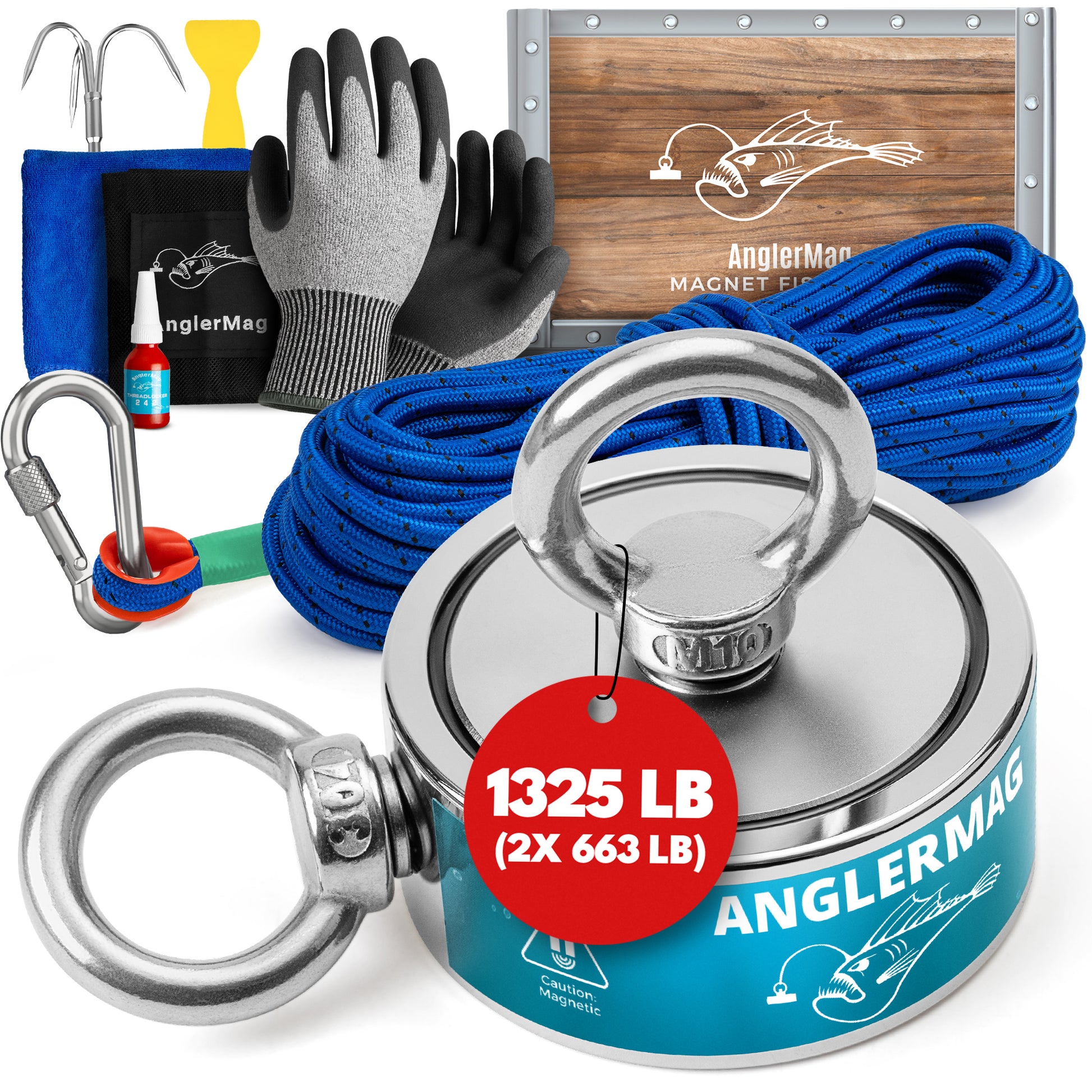 Professional Magnet Fishing Kit: 1325LB Pull Force (2x 663LB) Neodymium Magnet with heavy-duty retrieval rope, carabiner, and scraper for river salvage.