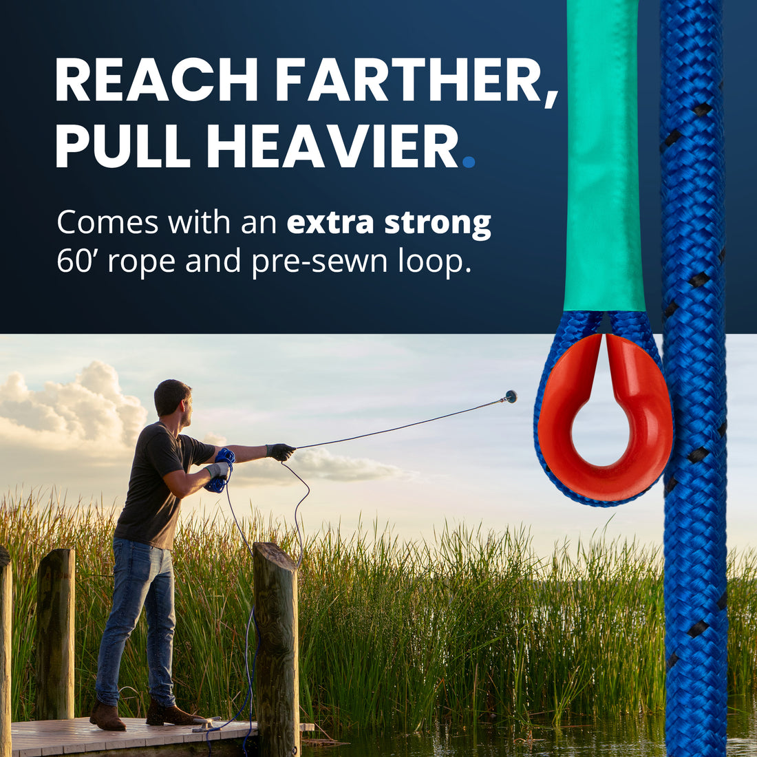 Close-up of AnglerMag 60-foot braided blue rope showing the reinforced pre-sewn loop and protective red thimble for secure magnet fishing.