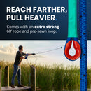 Close-up of AnglerMag 60-foot braided blue rope showing the reinforced pre-sewn loop and protective red thimble for secure magnet fishing.