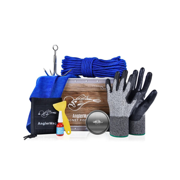 AnglerMag Complete Magnet Fishing Kit: Includes high-pull Neodymium magnet, grappling hook, 65ft heavy-duty rope, cut-resistant gloves, and threadlocker - Professional underwater treasure hunting set.