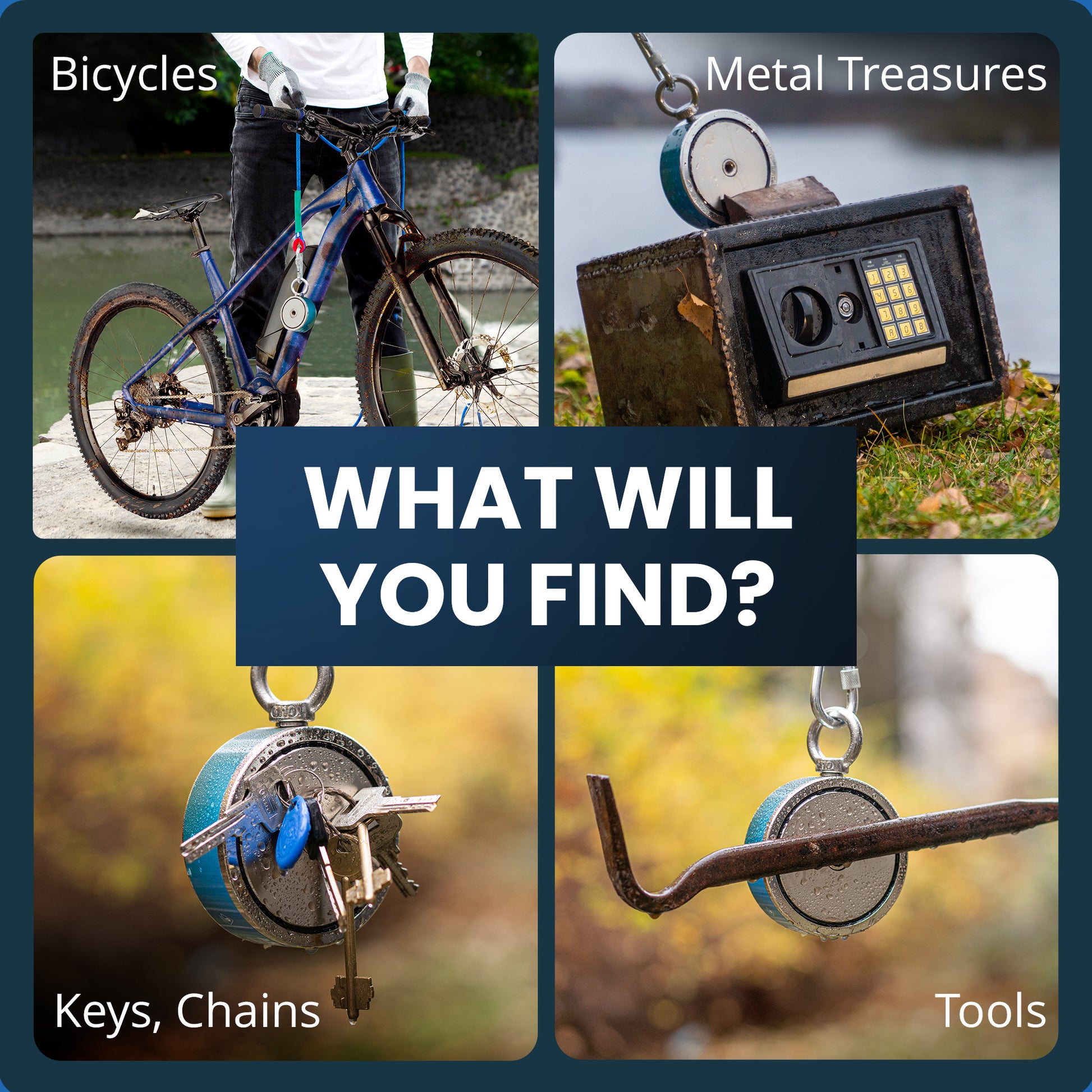 What can you find magnet fishing? Recovering bicycles, metal treasure safes, lost keys, and dropped tools with the AnglerMag 1325 LB Neodymium Magnet.