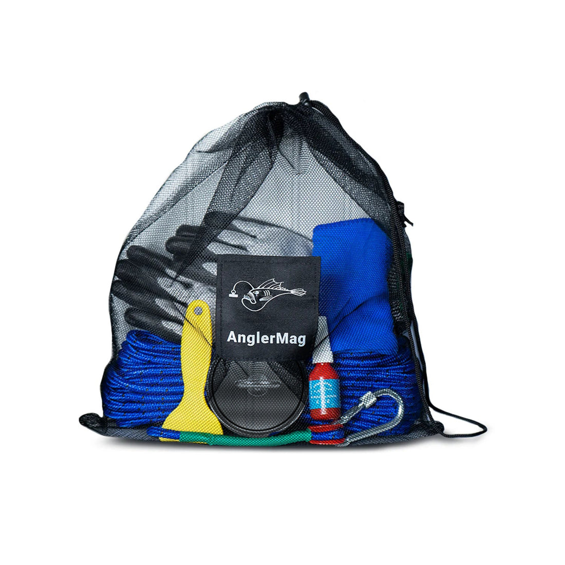 AnglerMag Magnet Fishing Kit with Mesh Carrying Bag: Portable underwater treasure hunting set featuring Neodymium magnet, 65ft blue rope, grappling hook, and scraper - Easy storage for outdoor hobbies.
