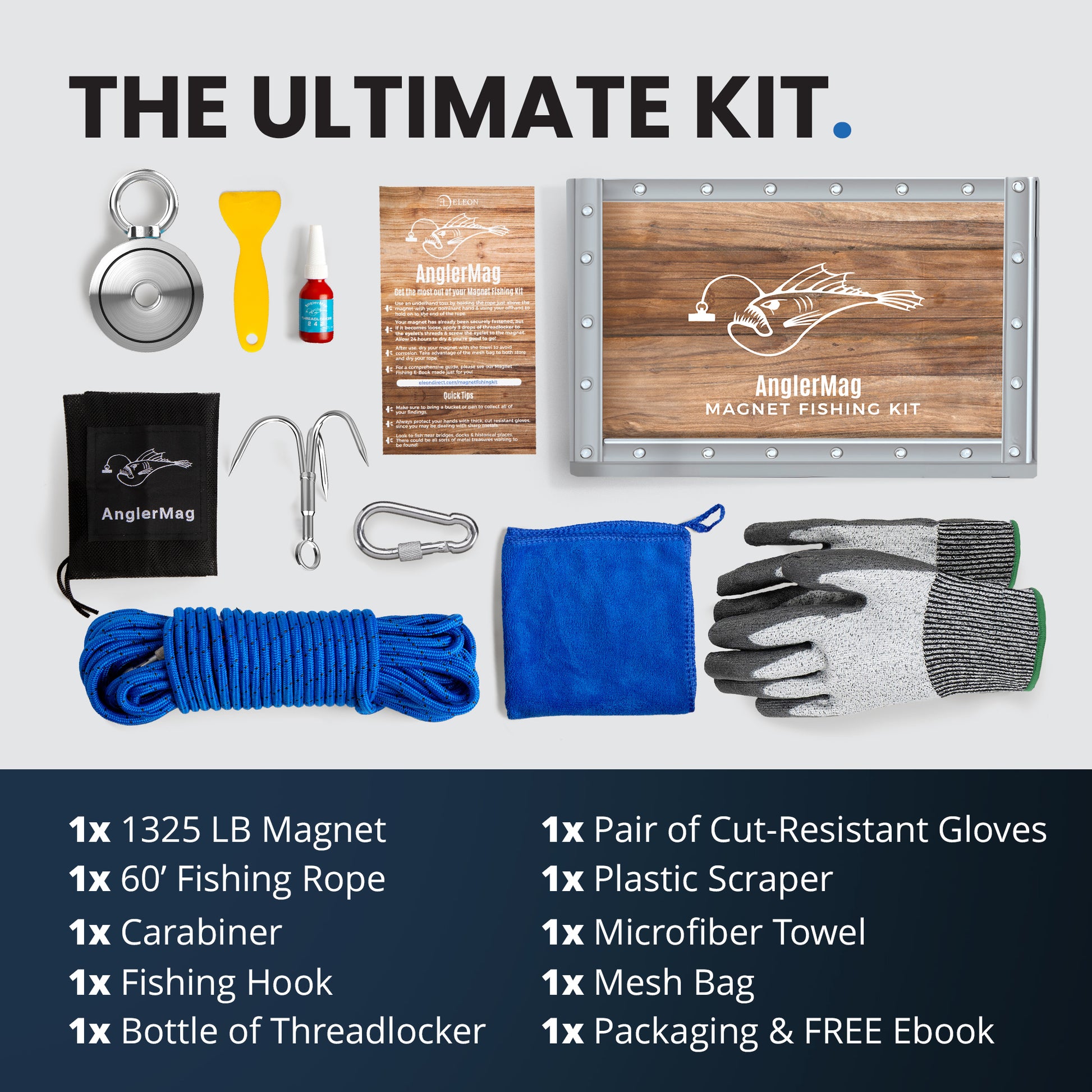 AnglerMag Ultimate Magnet Fishing Kit: 1325 LB Double Sided Magnet, 60ft Rope, Grappling Hook, Threadlocker, and Cut-Resistant Gloves - Complete Salvage Set.