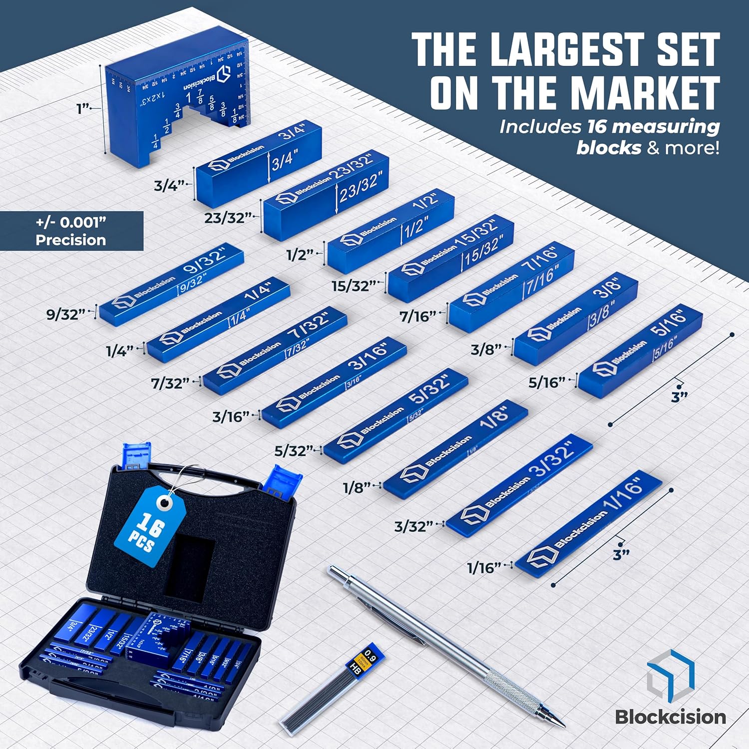 The Largest Woodworking Setup Block Set on the Market: 16 Laser-Engraved Measuring Blocks from 1/16" to 1" for professional carpentry and machinery setup.