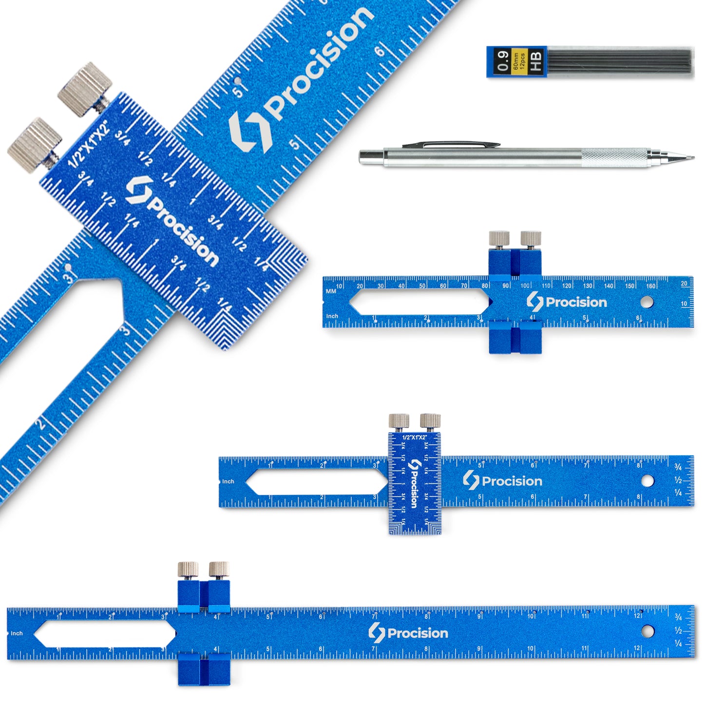 Blockcision Precision Woodworking T-Rule Set: 6-inch, 8-inch, and 12-inch Aluminum Alloy Marking Rulers - Professional T-Type Scribing Tool for Carpentry with Mechanical Pencil and Lead Refills.