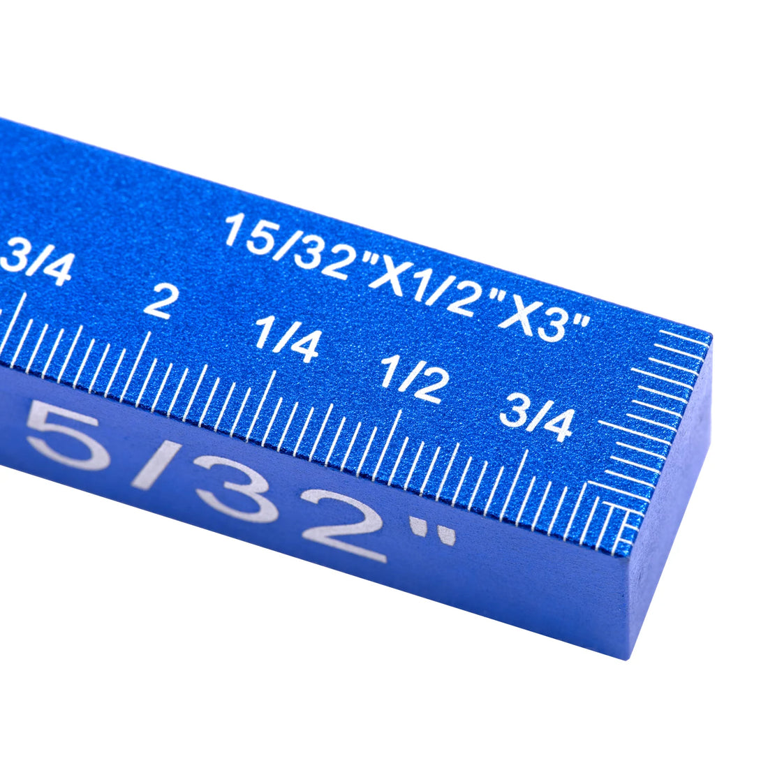Blockcision Setup Block Macro Detail: Close-up of laser-etched imperial markings on blue anodized aluminum height gauge - Features 15/32" increment with high-visibility ruler scales for precision woodworking.