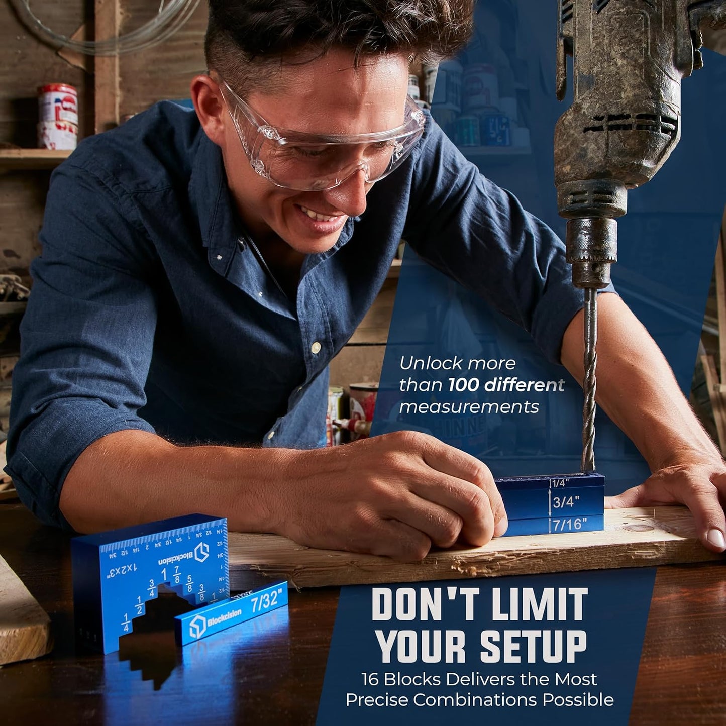 Blockcision 16-Block Set infographic showing versatile combinations for pinpoint accuracy in any setup - Premium Eleon Direct Woodworking Tools.