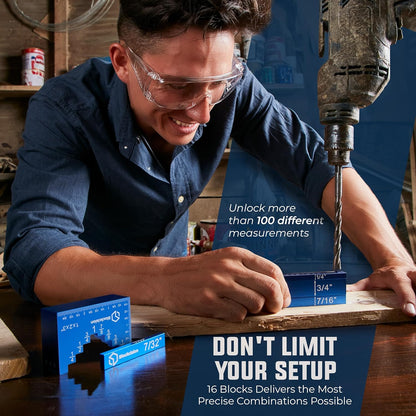 Blockcision 16-Block Set infographic showing versatile combinations for pinpoint accuracy in any setup - Premium Eleon Direct Woodworking Tools.