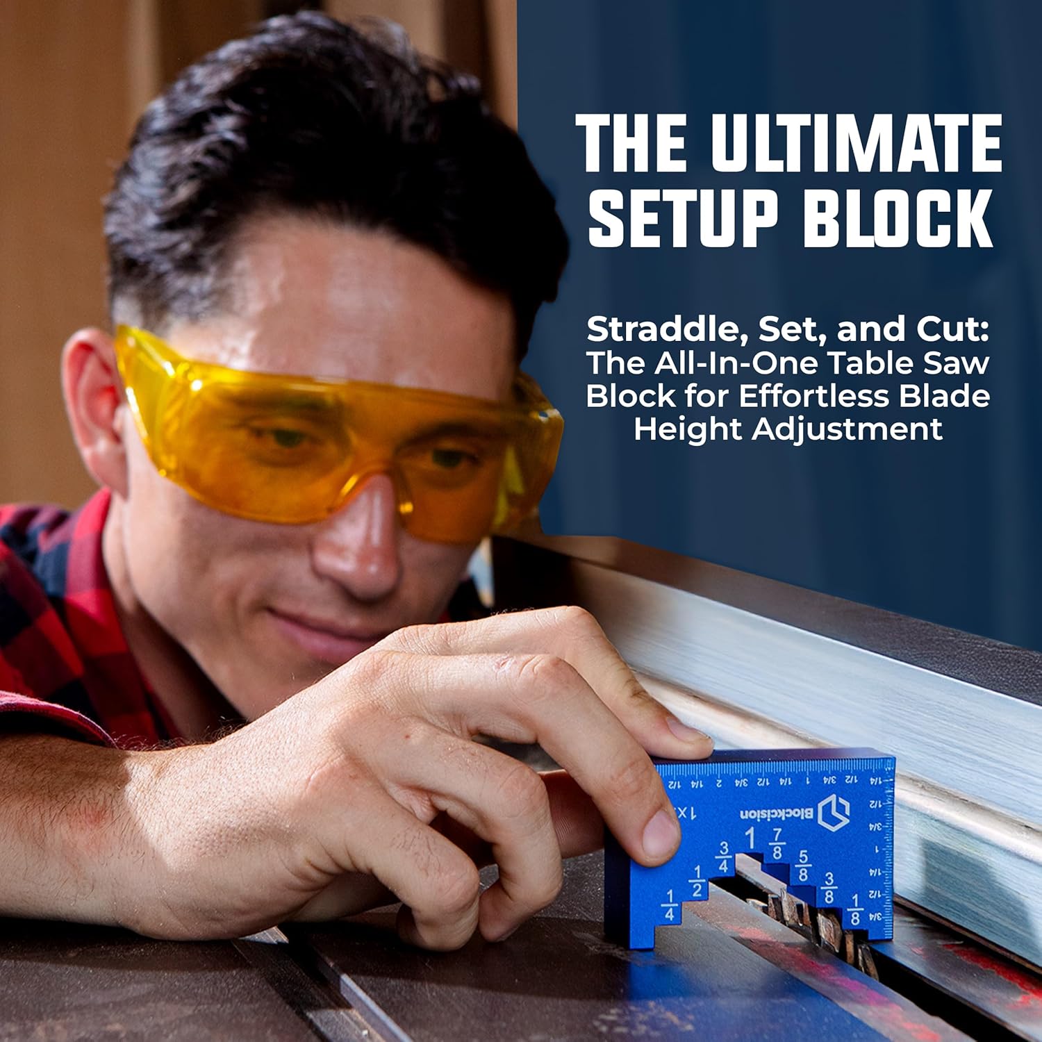 Eleon Blockcision Table Saw Setup Block - Straddle Design for Effortless Blade Height Adjustment and Precise Woodworking Cuts.