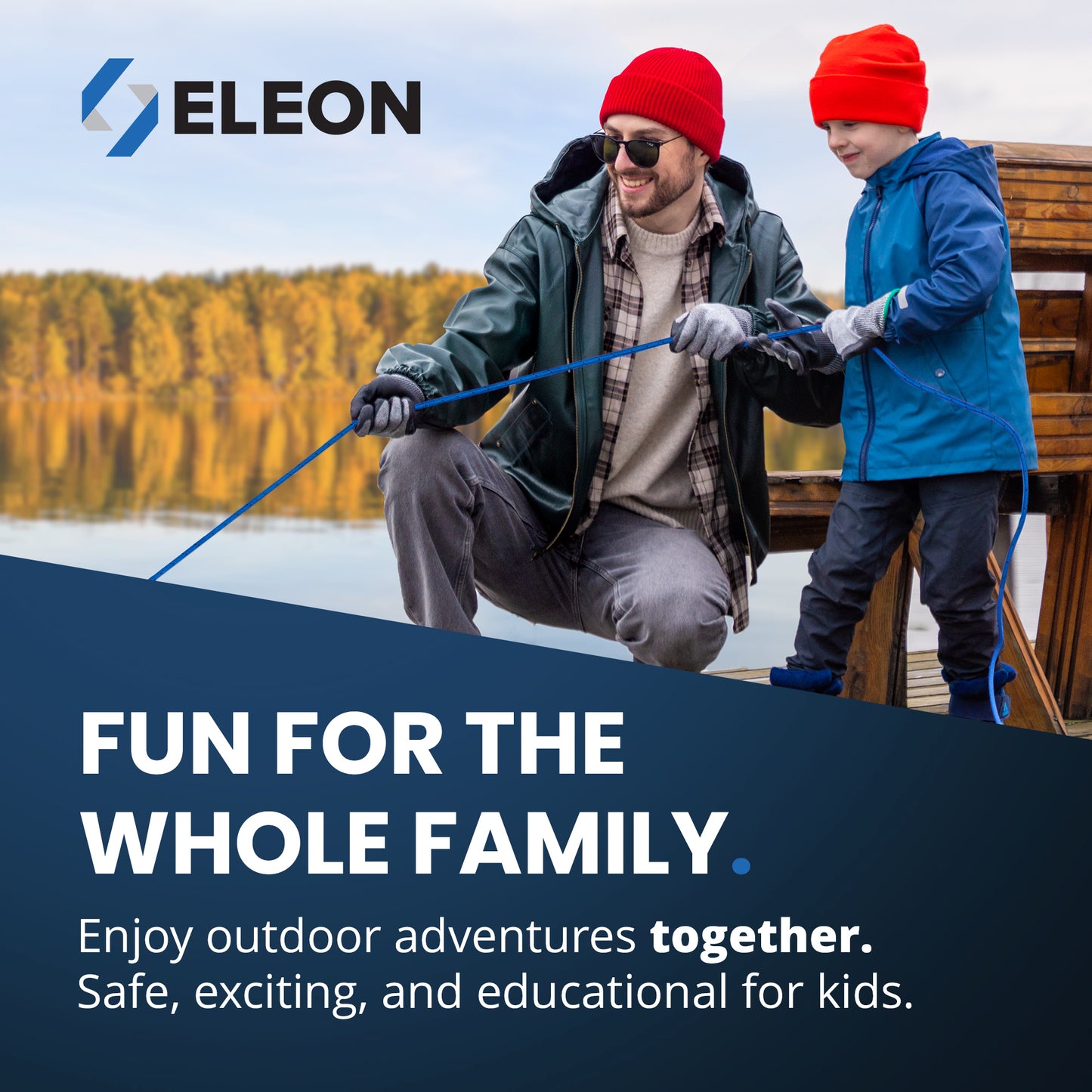 Family outdoor adventures with Eleon: A man and child magnet fishing from a dock using high-quality salvage gear - Safe and exciting treasure hunting.