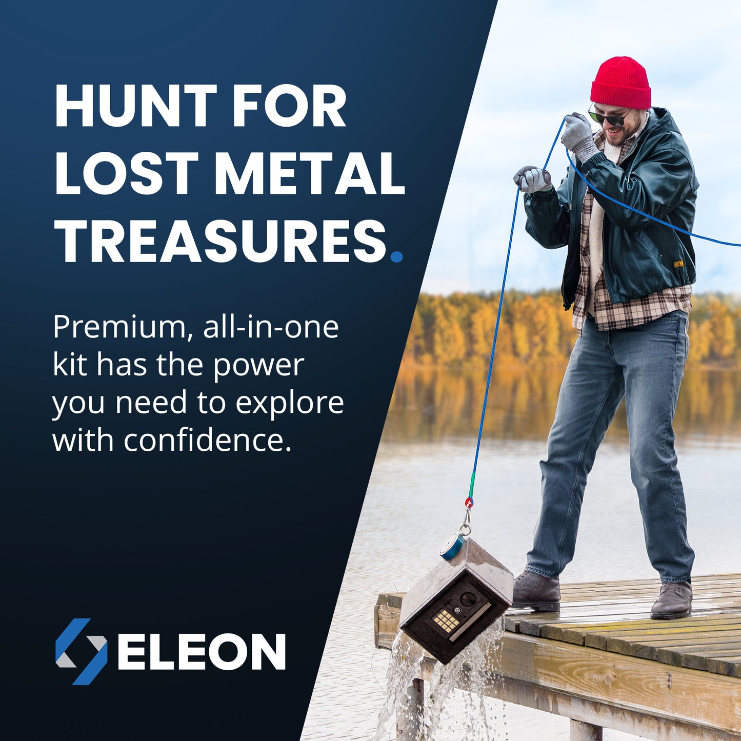 Man magnet fishing from a dock with an Eleon AnglerMag kit - Successful recovery of a lost metal treasure box using a double-sided neodymium magnet.