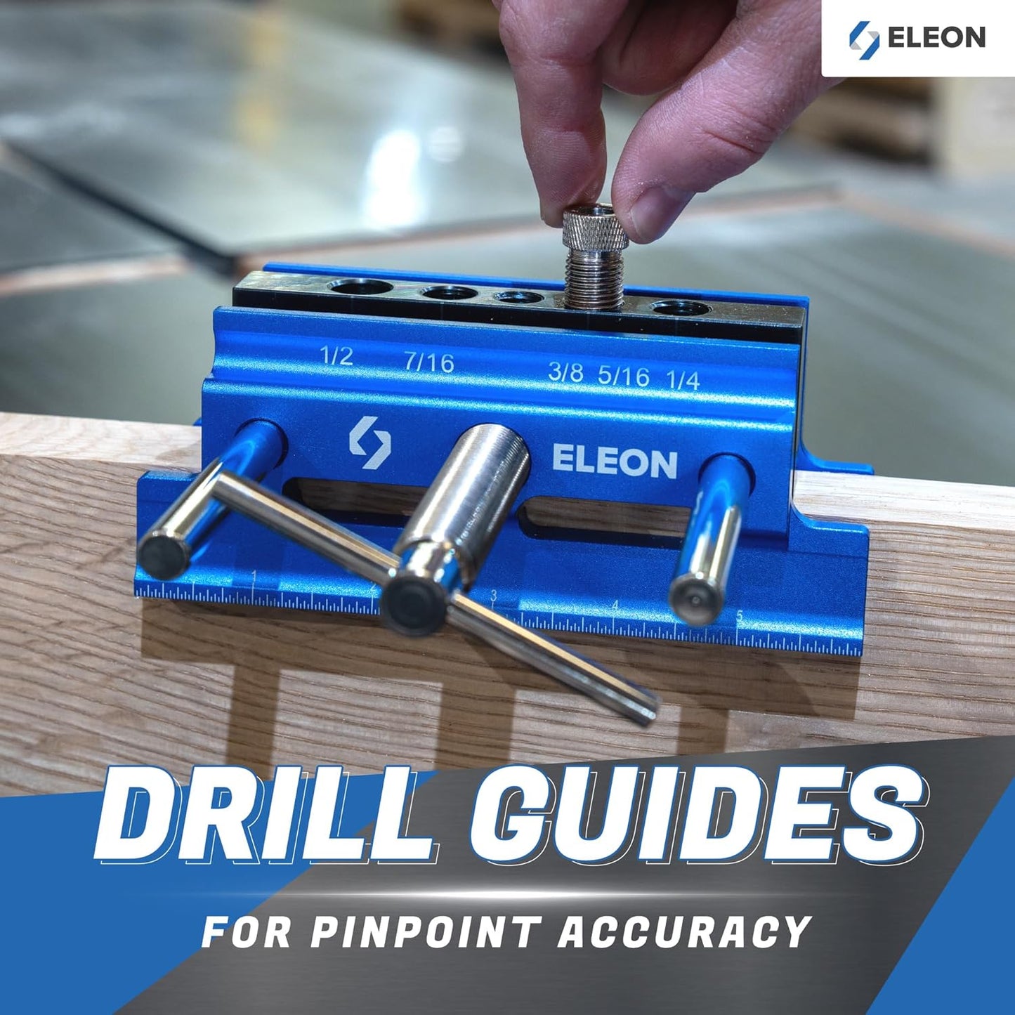 Eleon Blue Aluminum Self-Centering Dowel Jig - Precision Drill Guides for 1/4", 5/16", 3/8", 7/16", and 1/2" holes - Pinpoint Accuracy for Woodworking.