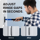 How to fix door hinge gaps: Before and after comparison using the Eleon Hinge Adjustment Tool to realign sagging doors and close uneven gaps in seconds.