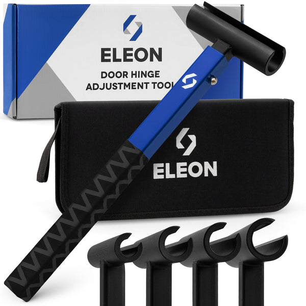 Eleon 4-in-1 Door Hinge Adjustment Tool Kit: Alternative view of professional hinge tweaker with 4 precision heads, branded storage pouch, and retail packaging - Eleon Direct.