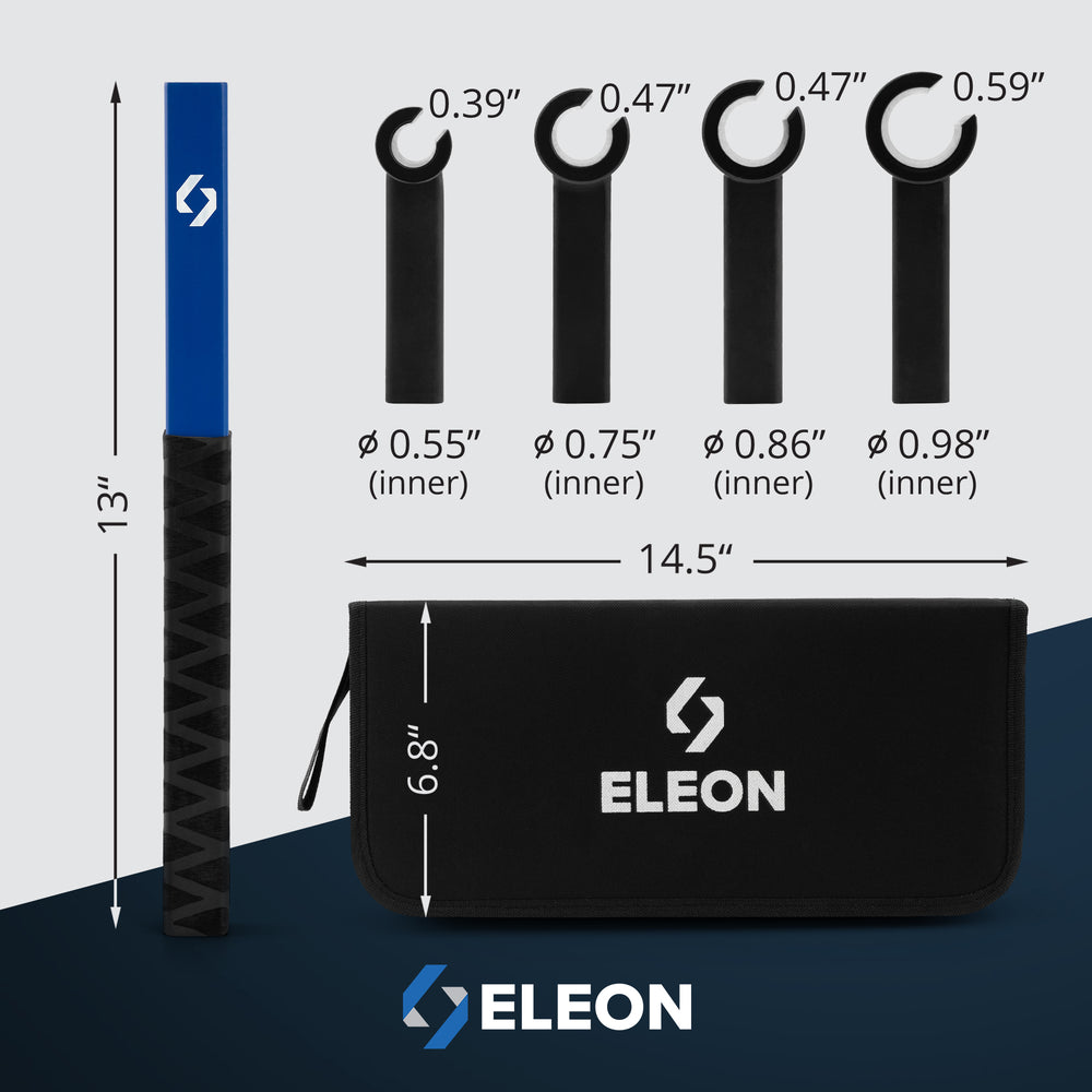 Eleon Door Hinge Adjustment Tool Specifications: 4-in-1 set with 0.55", 0.75", 0.86", and 0.98" inner diameter heads - 13-inch adjustment handle and 14.5-inch protective carrying case.