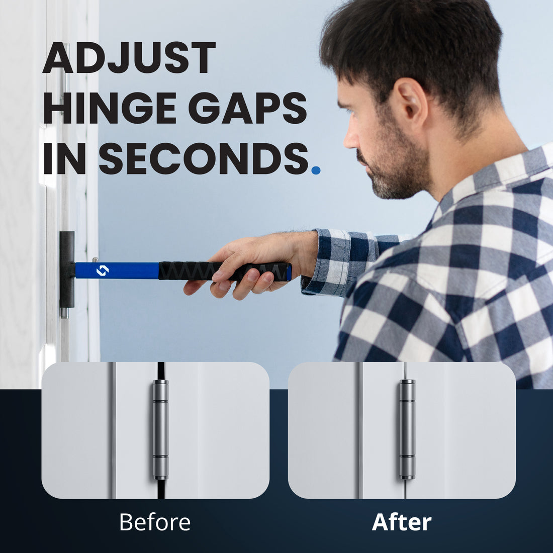 How to fix door hinge gaps: Before and after comparison using the Eleon Hinge Adjustment Tool to realign sagging doors and eliminate frame gaps in seconds.