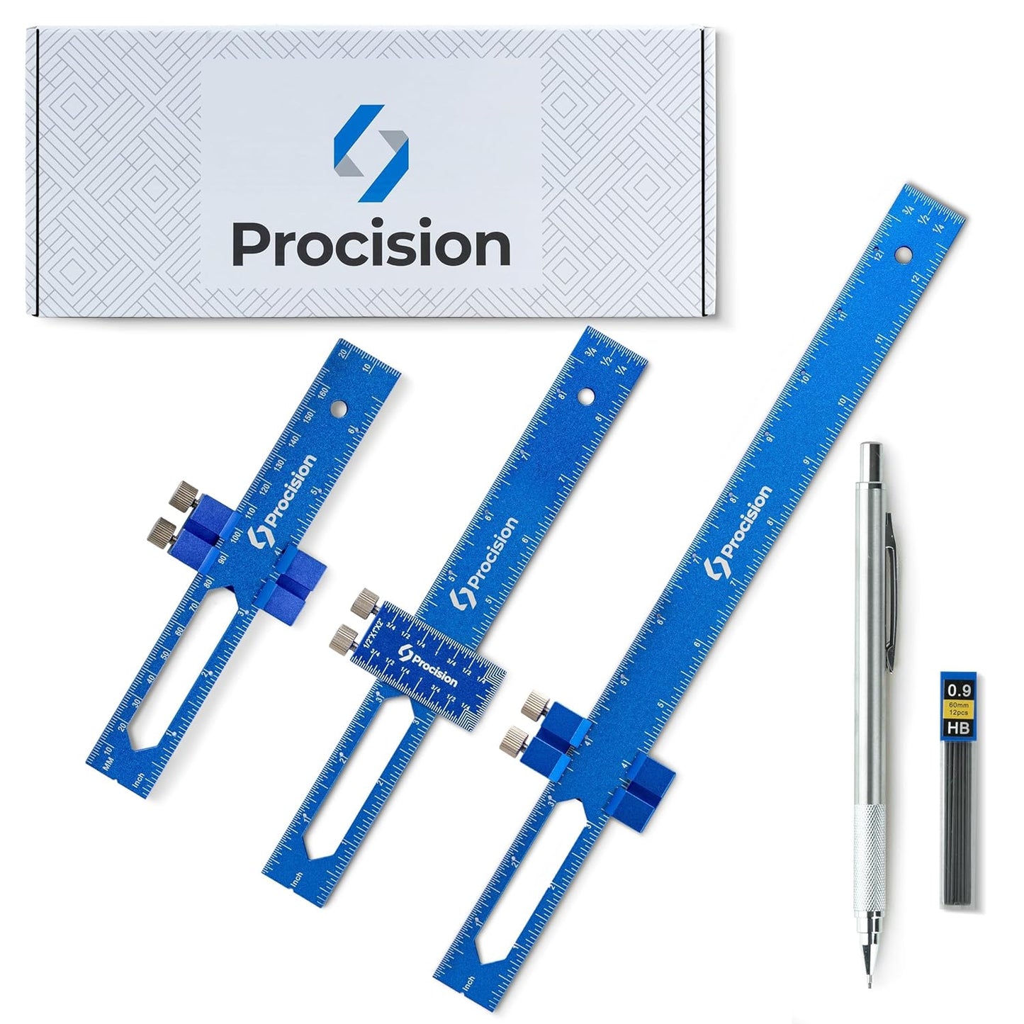 Procision 3-Piece Woodworking Ruler Set by Eleon Direct - 6, 8, and 12-inch Aluminum T-Track Rulers with Mechanical Pencil and Gift Box.