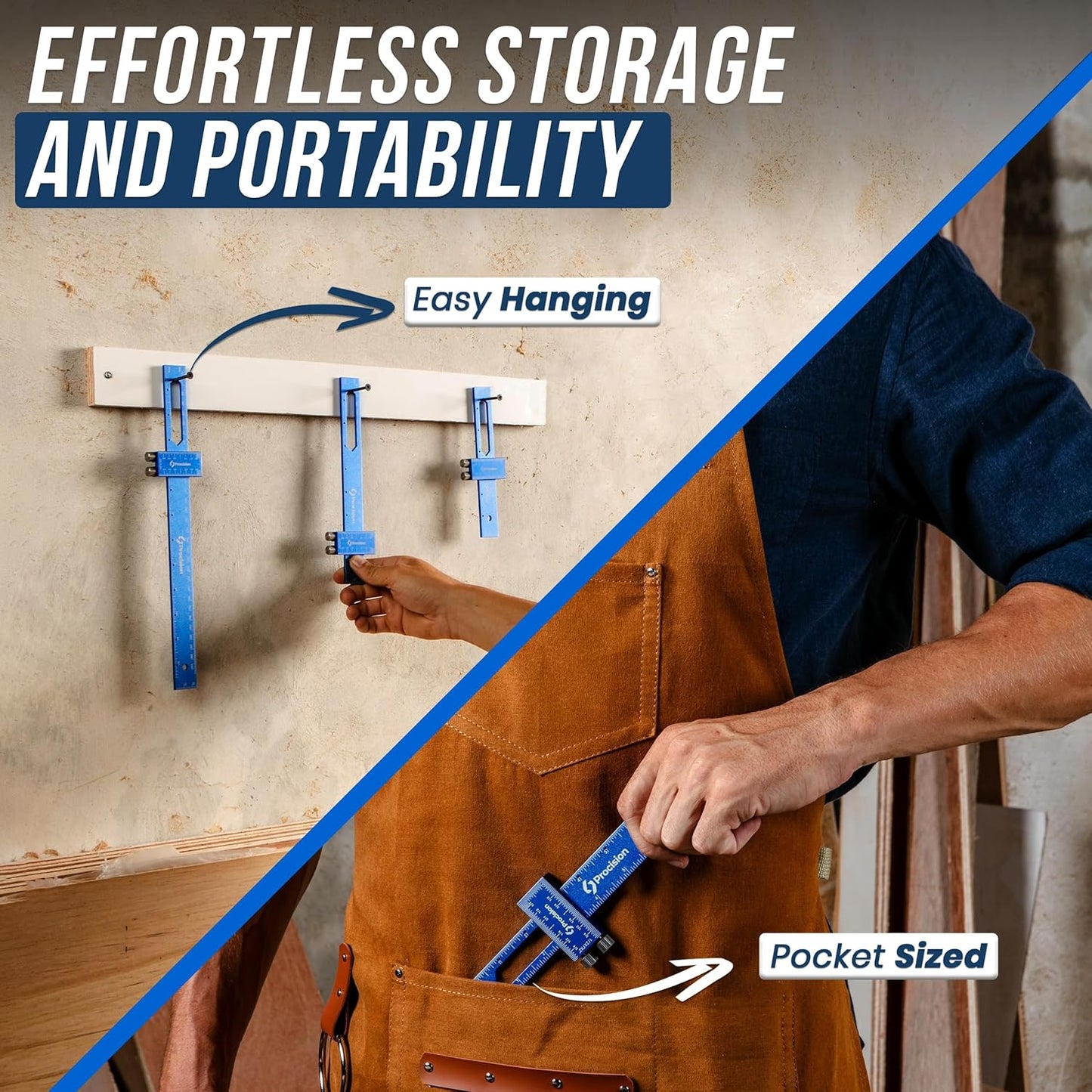Eleon Procision Woodworking Ruler showing effortless storage: Pocket-sized design for portability and easy hanging for workshop organization.