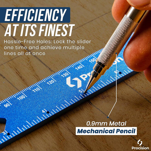 Eleon Procision Woodworking Ruler with 0.9mm Metal Mechanical Pencil - Drawing Hassle-Free Parallel Lines through built-in ruler holes.