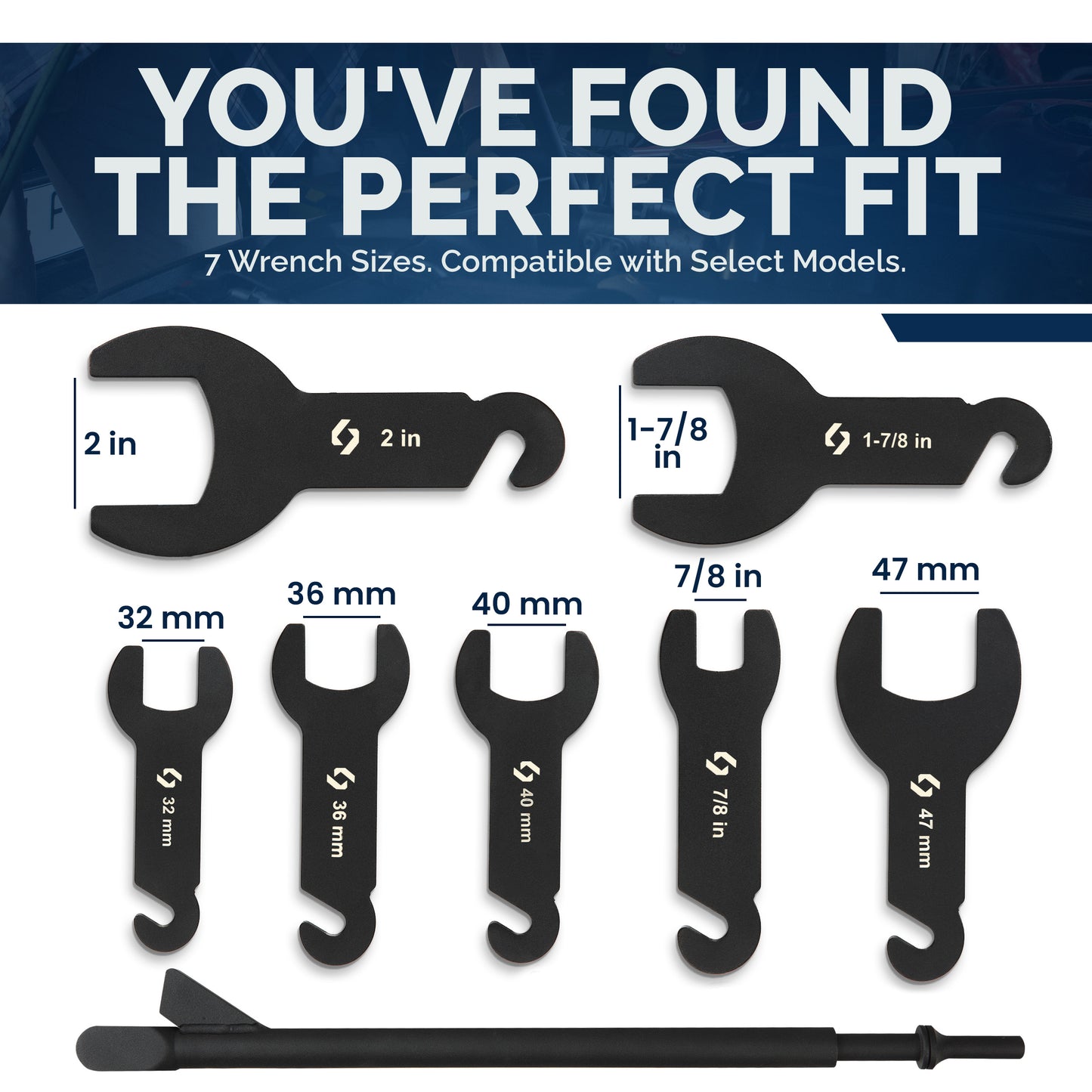 Eleon Rhino 7-Piece Pneumatic Fan Clutch Wrench Sizes: Includes 32mm, 36mm, 40mm, 47mm, 7/8 inch, 1-7/8 inch, and 2 inch interchangeable wrench heads - Eleon Direct.