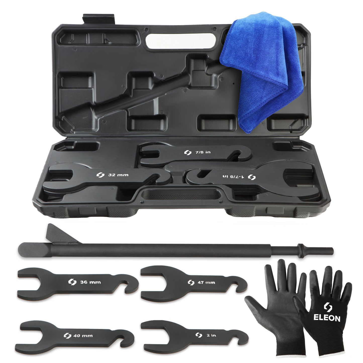 Eleon Rhino 7-Piece Pneumatic Fan Clutch Wrench Set with Hardshell Case - Professional Air Hammer Attachment Kit for 32mm, 36mm, 40mm, 47mm, 7/8", 1-7/8", and 2" fan clutches.