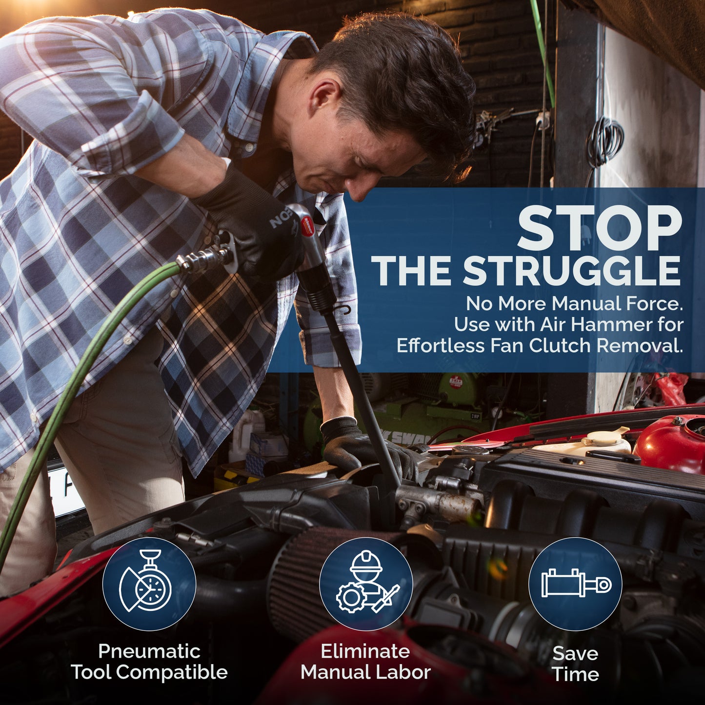 Stop the Struggle: Using the Eleon Rhino Pneumatic Fan Clutch Wrench with an Air Hammer for effortless removal - Labor-saving automotive repair tool for Ford, GM, and Dodge.