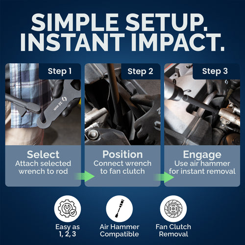 How to use a pneumatic fan clutch wrench: 3-step guide to selecting the wrench, positioning on the clutch, and engaging with an air hammer for instant removal.