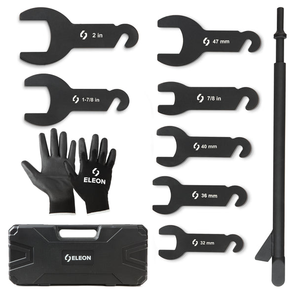 Eleon Rhino 7-Piece Pneumatic Fan Clutch Wrench Set with Air Tool Driving Handle - Includes 32mm, 36mm, 40mm, 47mm, 7/8", 1-7/8", and 2" wrench heads - Eleon Direct.