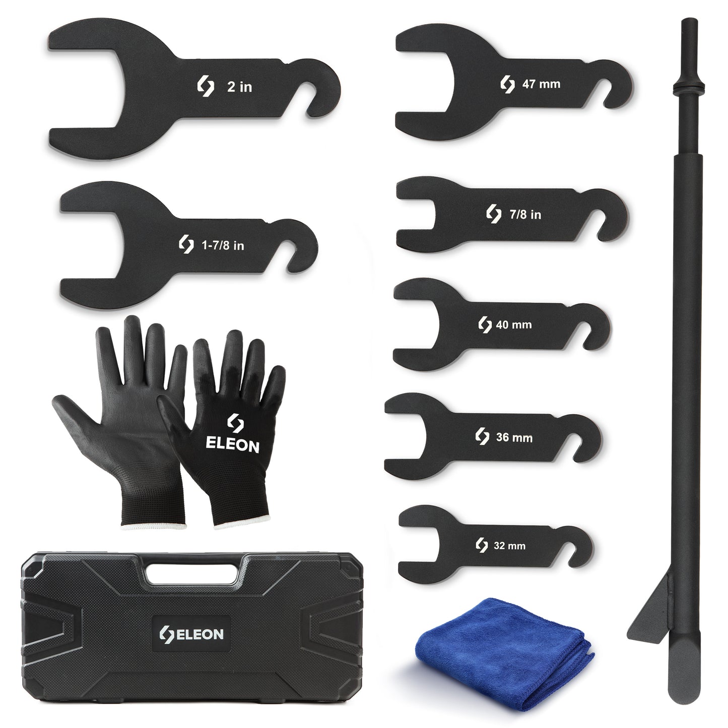 Eleon Rhino 7-Piece Pneumatic Fan Clutch Wrench Set - Includes 32mm, 36mm, 40mm, 47mm, 7/8", 1-7/8", and 2" interchangeable wrenches with Air Tool Driving Handle.