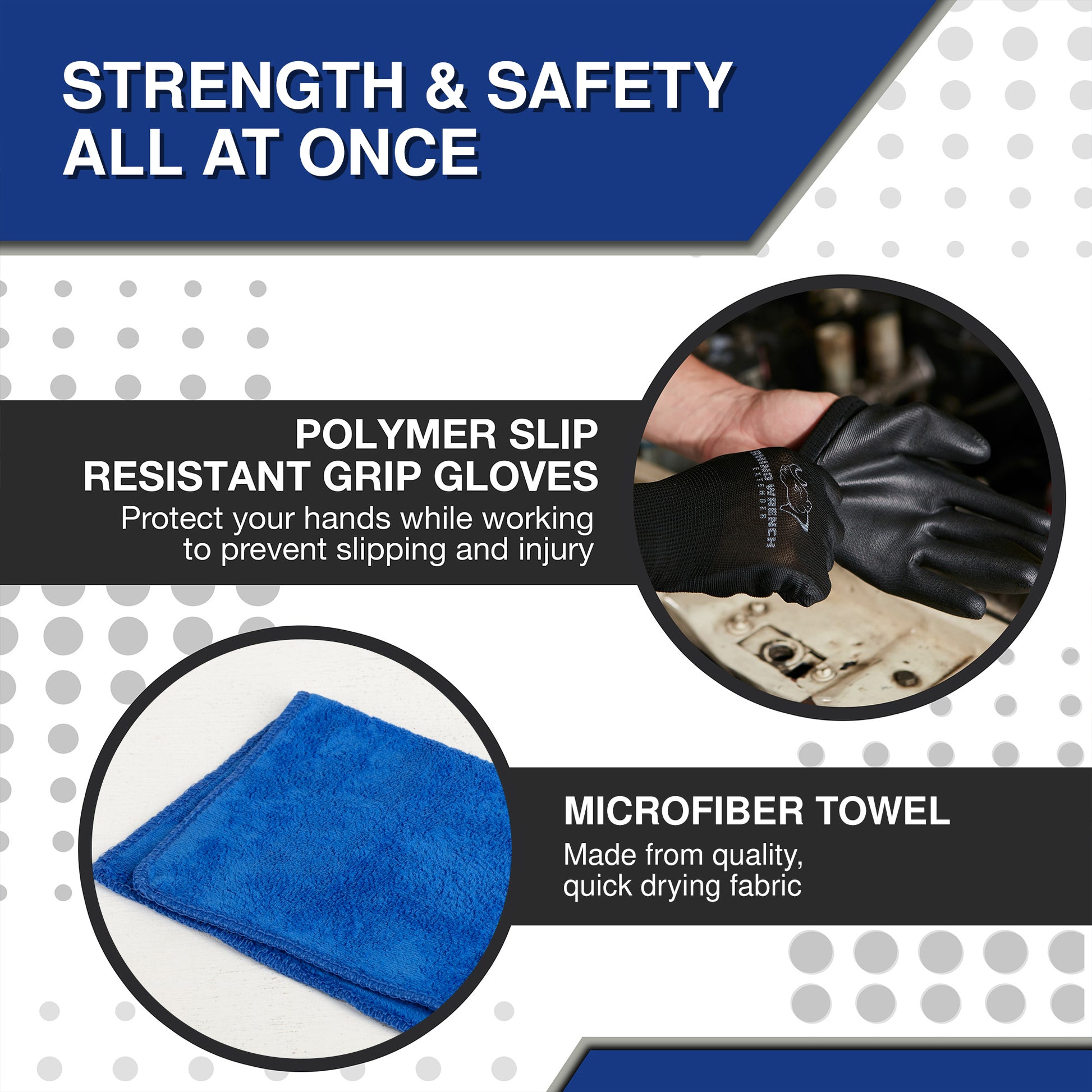 Eleon Rhino Tool Kit Accessories: Polymer Slip Resistant Grip Gloves for hand protection and a quick-drying Microfiber Towel for clean hydraulic repair.