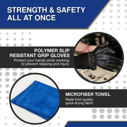 Eleon Rhino Tool Kit Accessories: Polymer Slip Resistant Grip Gloves for hand protection and a quick-drying Microfiber Towel for clean hydraulic repair.