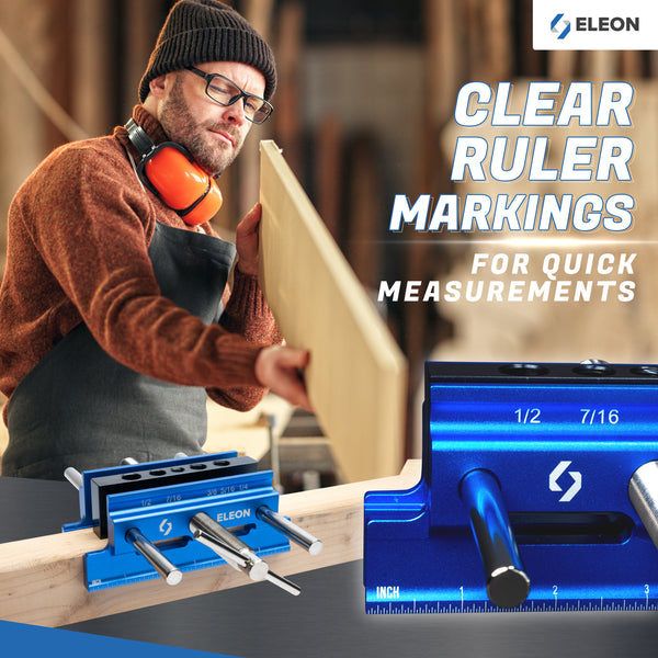 Eleon Self-Centering Dowel Jig with Clear Ruler Markings: Laser-etched imperial inch scale for quick and accurate woodworking measurements - Professional blue aluminum drill guide for precision joinery.