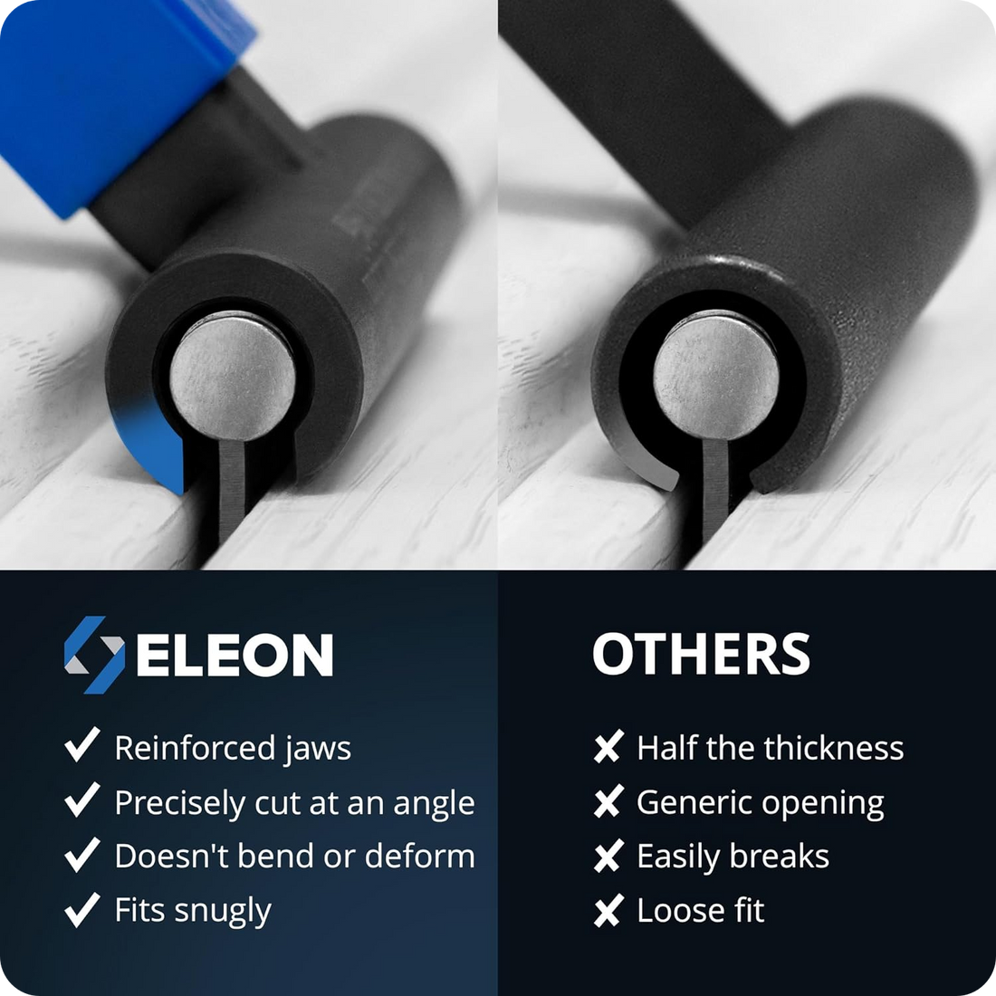 Eleon vs. Generic Door Hinge Tweakers: Comparison showing reinforced jaws and precision-angled cuts that prevent bending and provide a snug fit vs. thin, generic alternatives.