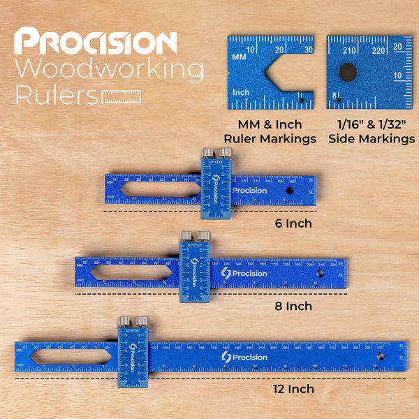 Procision 3-Piece Woodworking Ruler Set: Includes 6-inch, 8-inch, and 12-inch T-type pocket rulers - Features dual metric and imperial markings with 1/16" and 1/32" precision scales - Procision Direct.