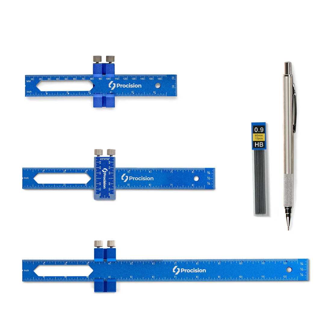 Procision 5-Piece Woodworking Ruler Set: Includes 6, 8, and 12-inch blue aluminum T-type pocket rulers, 0.9mm knurled mechanical pencil, and HB lead - Professional marking and layout kit for carpentry.