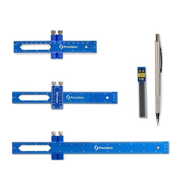 Procision 5-Piece Woodworking Ruler Set: Includes 6, 8, and 12-inch blue aluminum T-type pocket rulers, 0.9mm knurled mechanical pencil, and HB lead - Professional marking and layout kit for carpentry.