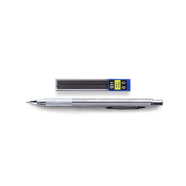 Procision Professional 0.9mm Mechanical Pencil for Woodworking: Heavy-duty metal drafting pencil with knurled grip and 12-pack of HB lead refills - Essential marking tool for carpentry and joinery.