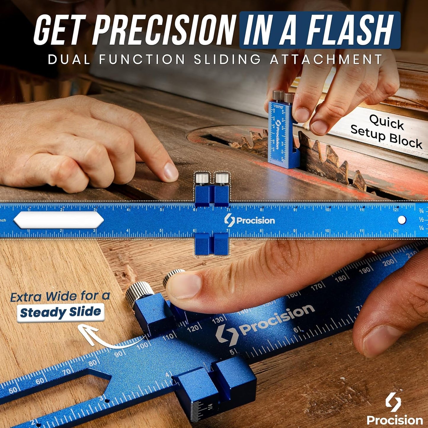 Eleon Procision Woodworking Ruler used as a Table Saw Setup Block - Dual Function Sliding Attachment for Quick Blade Height Adjustment and Precision Measuring.