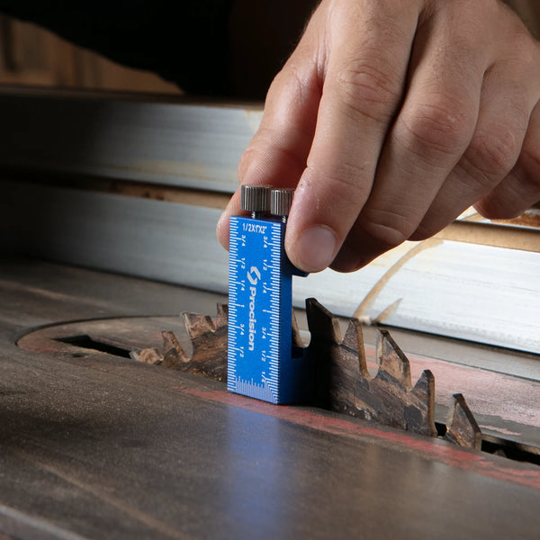 Procision Woodworking T-Rule used as a Table Saw Depth Gauge: Setting accurate blade height with adjustable blue aluminum marking ruler - Professional carpentry setup tool for 1/16" and 1/32" precision.