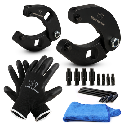 Rhino 17-Piece Adjustable Gland Nut Wrench Kit: Includes 1266 and 7463 hydraulic cylinder wrenches, 8 interchangeable pins, 4 hex keys, non-slip work gloves, and microfiber towel - Rhino Direct.