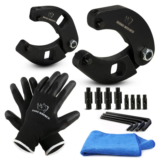 Rhino 17-Piece Adjustable Gland Nut Wrench Kit: Includes 1266 and 7463 hydraulic cylinder wrenches, 8 interchangeable pins, 4 hex keys, non-slip work gloves, and microfiber towel - Rhino Direct.