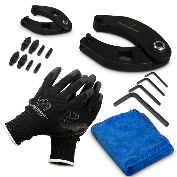 Rhino 17-Piece Gland Nut Wrench Bundle: Includes adjustable 1266 & 7463 hydraulic cylinder wrenches, 8 specialized pins, 4 hex keys, professional non-slip gloves, and microfiber cleaning cloth.