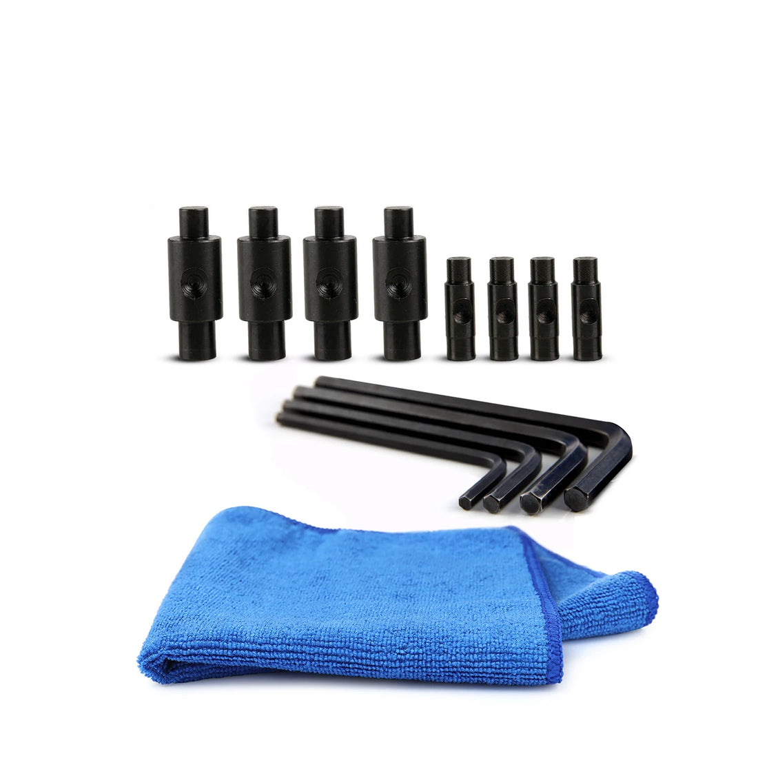 Rhino Gland Nut Wrench Replacement Parts: Set of 8 secured pins in multiple sizes, 4 Allen hex keys, and a blue microfiber cleaning cloth - Essential maintenance hardware for 1266 and 7463 hydraulic tools.